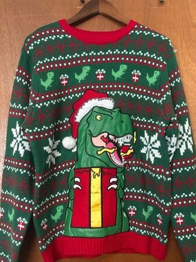 Men's Green 33 Degrees Ugly Dinosaur Christmas Sweater with Drink Pocket Sz L